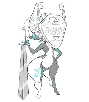 1girl 2012 arm_tattoo black_skin blue_skin breasts collarbone colored_skin commentary contrapposto covered_face english_commentary female_focus full_body hand_on_own_hip helmet holding holding_sword holding_weapon hylian_shield jaeh_the_bird leg_tattoo long_sword midna monochrome multicolored_skin nintendo no_nipples nude planted shield simple_background small_breasts solo spot_color standing sword tattoo the_legend_of_zelda the_legend_of_zelda:_twilight_princess thick_thighs thighs tiptoes two-tone_skin weapon white_background wide_hips you're_doing_it_wrong