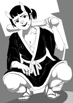 bandaid bandaid_on_face bandaid_on_nose baseball_bat black_kimono breasts cleavage coco_(setawar) collarbone dithering earrings greyscale highres holding holding_baseball_bat japanese_clothes jewelry kimono knees miku_(world_of_horror) monochrome open_clothes open_kimono open_mouth over_shoulder pixel_art slav_squatting squatting teeth upper_teeth_only waraji weapon weapon_over_shoulder world_of_horror