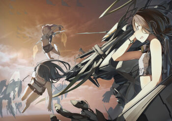3girls :d aircraft airplane arm_up arms_up b-2_spirit bare_arms bare_legs barefoot black_hair blush bomber breasts brown_eyes brown_hair closed_eyes crop_top eyebrows flying flying_wing fuu_fuu glasses goggles goggles_around_neck hairband heavy_bomber jetpack long_hair machinery medium_breasts military military_vehicle multiple_girls navel open_mouth orange_sky original outdoors outstretched_arms penetrator_(aircraft) profile shorts silhouette sky small_breasts smile stealth stealth_aircraft stealth_bomber stomach strategic_bomber twintails