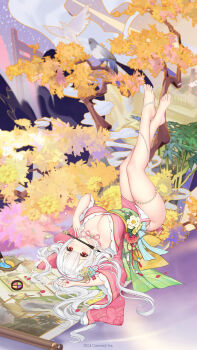 1girl bamboo barefoot bird breasts character_request choker cleavage flower hair_spread_out highres houchi_shoujo japanese_clothes jewelry kimono lace lace_choker large_breasts leaf legs_up long_hair looking_at_viewer lying official_art on_back paint_palette paintbrush_in_mouth pale_skin pink_kimono red_eyes red_flower solo_focus thighlet toenails tree white_choker white_flower white_hair