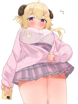 Rule 34 | 1girl, absurdres, animal ears, blonde hair, blue skirt, breasts, cardigan, cellphone, closed mouth, commentary, hair ornament, hairpin, heart, heart hair ornament, highres, holding, holding phone, hololive, horns, large breasts, looking at viewer, medium hair, phone, pink cardigan, purple eyes, sheep ears, sheep girl, sheep horns, shirt, skirt, smartphone, solo, untranslatable commentary, tepenchi, tsunomaki watame, tsunomaki watame (school uniform), virtual youtuber, white background, white shirt