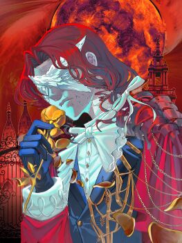 1boy absurdres aleph_(reverse:1999) black_gloves black_jacket bow bowtie cape covered_face cracked_mask drill_hair european_architecture flower gloves golden_rose grey_mask hair_ribbon hand_up highres holding holding_flower jacket long_hair male_focus moon official_alternate_costume red_background red_cape red_hair red_moon red_sky reverse:1999 ribbon shirt sky solo syun_(ashenaurora) upper_body white_bow white_bowtie white_ribbon white_shirt