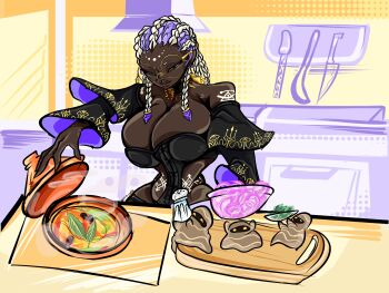 1girl bodypaint breasts cooking curvy dark-skinned_female dark_skin dolores_(kof) dress female_focus food glasses gold green_eyes huge_breasts jewelry kitchen large_breasts long_hair multicolored_hair purple_hair round_eyewear the_king_of_fighters thedrown1 thick_thighs thighs two-tone_hair white_hair