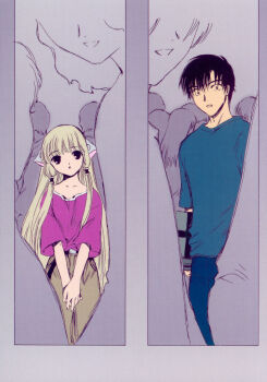 00s 1boy 1girl 2002 :o black_hair blonde_hair chii chobits clamp clamp_(circle) comic highres long_hair motosuwa_hideki official_art parted_lips postcard_(medium) short_hair silent_comic very_long_hair