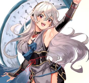 Rule 34 | black hairband, commentary request, female corrin (fire emblem), female corrin (ninja) (fire emblem), fire emblem, fire emblem fates, fire emblem heroes, grey hair, hairband, hashiko (neleven), holding, holding scroll, japanese clothes, kimono, long hair, ninja, nintendo, official alternate costume, pointy ears, red eyes, scroll, scroll tube, sleeveless, sleeveless kimono, solo