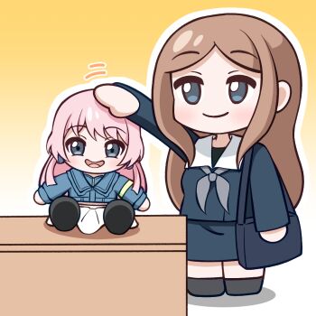 1girl bang_dream! bang_dream!_it's_mygo!!!!! blue_eyes blue_shirt blue_skirt brown_hair character_doll chibi chihaya_anon commentary_request doll grey_neckerchief headpat highres jiwon_(sj1) long_hair nagasaki_soyo neckerchief outline school_uniform shirt sidelocks skirt tsukinomori_school_uniform white_outline