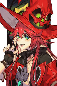 1girl ankh_necklace black_gloves broken_halo colored_inner_hair cosplay fingerless_gloves gloves green_eyes guilty_gear guilty_gear_strive halo hat hungry_clicker i-no i-no_(cosplay) jack-o&#039;_valentine jacket long_hair looking_at_viewer multicolored_hair open_mouth red_hair red_hat red_jacket smile solo two-tone_hair white_hair witch_hat