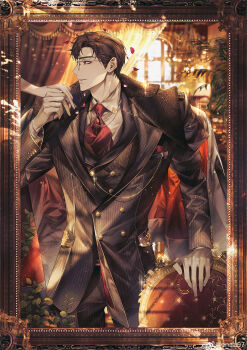 Rule 34 | 1boy, 1girl, arched window, ascot, black coat, black jacket, black pants, black suit, black vest, blurry, bokeh, border, brooch, brown hair, buttons, chair, chinese commentary, coat, coat on shoulders, collar chain (jewelry), collared shirt, cowboy shot, curtained hair, curtains, depth of field, double-breasted, dress, ena (enaa97), falling petals, formal clothes, glasses, hand rest, highres, holding hands, indoors, jacket, jewelry, lapels, light and night love, light particles, long sleeves, looking at another, looking to the side, lu chen, male focus, notched lapels, ornate border, out of frame, pants, parted lips, petals, pinstripe jacket, pinstripe pants, pinstripe pattern, pinstripe suit, plant, pocket square, protagonist (light and night love), red ascot, red coat, red dress, red eyes, shirt, short hair, smile, solo focus, standing, suit, two-sided coat, two-sided fabric, vest, watermark, weibo watermark, white shirt, window