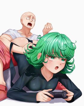 1boy 1girl absurdres ass bald black_dress blush breasts commentary commission controller crocs curly_hair dress english_commentary game_controller green_eyes green_hair highres long_sleeves medium_breasts one-punch_man open_mouth pietrosatou playing_games red_shorts saitama_(one-punch_man) shirt shorts sitting tatsumaki upside-down white_shirt