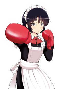 Rule 34 | 1girl, absurdres, apron, black dress, black eyes, black hair, boxing gloves, cowboy shot, dress, gloves, hashtag-only commentary, highres, kujou meika, long sleeves, maid, maid apron, maid day, maid headdress, meika-san wa oshikorosenai, neckerchief, punching, red gloves, red neckerchief, saitou shouki, second-party source, short hair, simple background, small sweatdrop, solo, white apron, white background