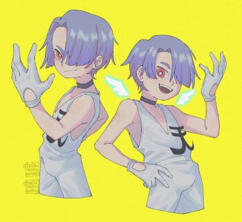 1boy ariamikukanzaki black_choker blue_hair bulge choker commentary detached_wings gloves hair_over_one_eye hand_on_own_hip jumpsuit male_focus panty_&amp;_stocking_with_garterbelt polyester_(psg) red_eyes watermark white_gloves white_jumpsuit wings yellow_background