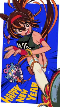 2girls animal_ears black_leotard blue_background blue_eyes breasts brown_hair chibi chinese_zodiac commentary_request gashi-gashi high_ponytail highleg highres horse_ears horse_girl large_breasts leotard long_hair motion_lines multicolored_hair multiple_girls orange_hair original ponytail running solo_focus sparkling_eyes thighhighs two-tone_hair white_thighhighs year_of_the_horse