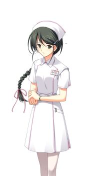 1girl bracelet braid chaos;head closed_mouth collared_dress dress game_cg green_eyes green_hair hair_ornament hair_ribbon hairclip hat hazuki_shino_(chaos;head) holding_own_wrist jewelry long_braid long_hair looking_at_viewer matsuo_yukihiro narrowed_eyes no_eyewear non-web_source nurse nurse_cap official_art pantyhose pink_ribbon pink_trim ribbon science_adventure shiny_eyes short_sleeves solo sprite standing transparent_background white_dress white_pantyhose worried