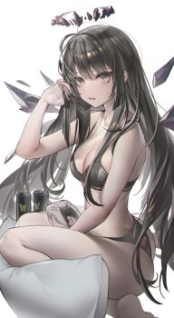 1girl :o absurdres ahoge arknights ass bags_under_eyes black_bra black_eyes black_hair black_halo black_panties black_wings bra breasts broken_halo can cleavage controller detached_wings drink_can energy_drink game_controller gamgi halo highres holding holding_controller holding_game_controller long_hair medium_breasts mole mole_under_eye panties pillow simple_background solo underwear virtuosa_(arknights) white_background wings