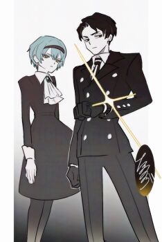 1boy 1girl angela_(project_moon) ascot black_coat black_dress black_eyes black_gloves black_hair black_hairband black_pants blue_hair brooch buttons closed_mouth coat cosplay cowboy_shot crossover double-breasted dress gloves gradient_background hairband jewelry lapels library_of_ruina long_sleeves looking_at_viewer looking_to_the_side notched_lapels pants parted_bangs project_moon r_dorothy_wayneright r_dorothy_wayneright_(cosplay) roger_smith roland_(project_moon) short_hair tama_launcher the_big_o white_ascot white_background wrist_cuffs