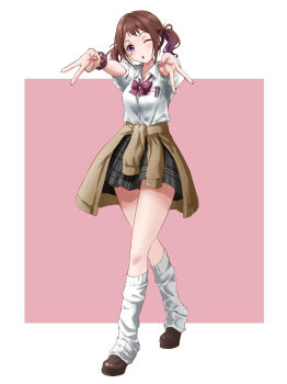 13enter 1girl :o absurdres alternate_hairstyle bang_dream! bow bracelet breasts brown_eyes brown_hair brown_jacket brown_shoes double_v full_body hanasakigawa_school_uniform highres jacket jewelry long_hair long_sleeves medium_breasts one_eye_closed pen red_bow school_uniform shirt shoes skirt socks solo standing striped_clothes striped_skirt toyama_kasumi twintails v white_shirt white_socks