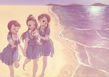 3girls ^_^ asymmetrical_bangs bare_legs barefoot beach blue_serafuku blush brown_hair closed_eyes collarbone commentary_request forehead futami_ami futami_mami grin highres holding_another's_wrist idolmaster idolmaster_(classic) maa_(io_215) minase_iori multiple_girls outdoors pleated_skirt pointing ponytail sailor_collar school_uniform serafuku short_sleeves siblings sisters skirt smile summer_junior_highschool_(idolmaster) twins white_sailor_collar