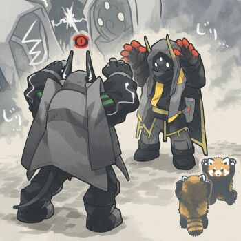 arknights arms_up black_boots black_mask black_shirt boots commentary_request full_body grey_background grey_cloak grey_pants highres hood hood_up horns long_sleeves looking_at_another male_focus morini_ochiteru pants red_panda sarkaz_grudgebearer_(arknights) shirt tail trait_connection