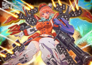 1girl an-chang arm_mounted_weapon arm_shield armored_boots beret blush boots box_art breasts character_name chef_hat commentary commission cosplay earrings energy_wings english_commentary fake_box_art feather_earrings feathers firing gatling_gun gradient_hair green_hair gundam gundam_heavyarms gundam_heavyarms_(cosplay) gundam_wing hat highres hololive hololive_english jewelry large_breasts long_hair mecha_musume midriff mini_chef_hat missile_pod multicolored_hair multiple_hats navel open_mouth orange_hair orange_hat orange_skirt orange_vest pixiv_logo pixiv_username purple_eyes qr_code skeb_commission skirt solo takanashi_kiara takanashi_kiara_(1st_costume) thighhighs twitter_logo twitter_username vest virtual_youtuber white_thighhighs