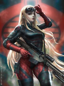 1girl adjusting_eyewear anti-materiel_rifle armor barrett_m82 black_armor black_leotard black_thighhighs blonde_hair blue_eyes blurry blurry_background breasts chameleon_(g.i.joe) cobra_(animal) cobra_command comic_cover commentary cowboy_shot english_commentary eyeshadow fishnet_pantyhose fishnets floating_hair g.i._joe gloves gluteal_fold goggles goggles_on_head gun highres holding holding_gun holding_weapon kunkka leotard long_hair makeup medium_breasts mole mole_under_mouth official_art pantyhose parted_lips red_eyeshadow red_gloves red_lips red_pantyhose rifle sniper_rifle solo thighhighs weapon