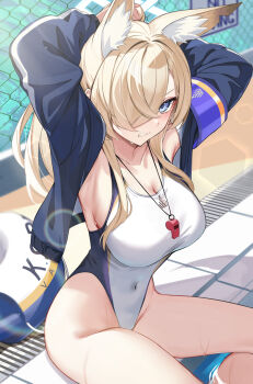 1girl animal_ears arms_up bare_shoulders blonde_hair blue_archive blue_eyes blue_jacket breasts collarbone commentary_request competition_swimsuit dog_ears extra_ears hair_over_one_eye halo highleg highleg_one-piece_swimsuit highres jacket kanna_(blue_archive) kanna_(swimsuit)_(blue_archive) large_breasts long_hair long_sleeves looking_at_viewer off_shoulder official_alternate_costume one-piece_swimsuit ponytail pool poolside sidelocks sitting solo swimsuit takehana_note thighs white_one-piece_swimsuit