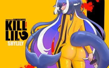 Rule 34 | 1girl, absurdres, ass, black hair, blood, blood splatter, bodysuit, breasts, cetacean tail, colored inner hair, fins, fish tail, from behind, highres, holding, holding sword, holding weapon, indie virtual youtuber, kill bill, long hair, looking back, median furrow, multicolored hair, orca girl, purple eyes, purple hair, shylily, shylily (4th costume), solo, sword, tail, virtual youtuber, weapon, white hair, yamuumuu, yellow bodysuit