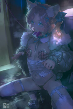 Rule 34 | 1=2, 1girl, absurdres, alley, animal ears, black panties, blonde hair, blue eyes, bound, bound arms, braid, cat ears, collar, commentary, drooling, english commentary, fake animal ears, flat chest, fur collar, gagged, hair ornament, high heels, highres, jacket, legwear garter, mixed-language commentary, navel, navel piercing, nipple piercing, nipples, open clothes, open jacket, open mouth, original, outdoors, panties, pet play, piercing, platform footwear, platform heels, saliva, short hair, solo, squatting, steaming body, tears, thighhighs, twin braids, underwear, x hair ornament