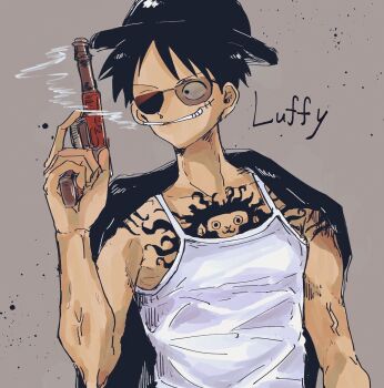 Rule 34 | 1boy, arm tattoo, black hat, character name, chest tattoo, cigarette, commentary request, gun, hat, hebi d hebi, highres, holding, holding gun, holding weapon, looking to the side, male focus, monkey d. luffy, one piece, scar, scar on face, short hair, simple background, smile, smoke, solo, tank top, tattoo, upper body, weapon, white tank top