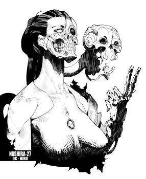 1girl absurdres artificial_eye breasts burustandin commentary cyborg english_commentary exposed_bone greyscale highres long_hair long_neck mechanical_arms mechanical_eye mechanical_head medium_breasts monochrome multiple_heads nude original single_mechanical_arm solo teeth upper_body