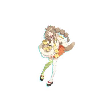 Rule 34 | 1girl, :d, animal ears, asymmetrical legwear, brown eyes, brown hair, brown poncho, cho kaguya-hime!, drop shadow, egg hair ornament, food, food-themed hair ornament, full body, green thighhighs, hair ornament, hand up, highres, isayama mami, long hair, looking at viewer, mismatched legwear, multi-tied hair, official art, onigiri, open mouth, orange skirt, pleated skirt, polka dot, polka dot thighhighs, sandals, second-party source, sidelocks, simple background, skirt, smile, solo, squirrel ears, squirrel tail, standing, striped clothes, striped thighhighs, tachi-e, tail, thighhighs, transparent background, white thighhighs