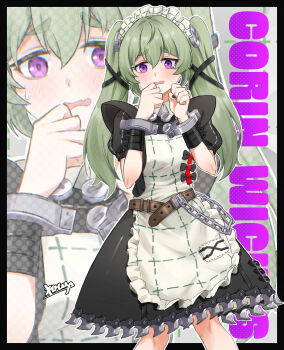 Rule 34 | 1girl, belt, black border, black dress, black nails, blush, border, chain, character name, commentary request, corin wickes, dress, green hair, grey background, hair between eyes, hands up, highres, long hair, looking at viewer, maid, maid headdress, metal wrist cuffs, open mouth, purple eyes, retora 26, screw hair ornament, solo, thick eyebrows, twintails, zenless zone zero, zoom layer