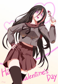 Rule 34 | 1girl, blush, breasts, brown skirt, candy, commentary request, eiyuu densetsu, emilia harling, food, happy valentine, holding, holding candy, holding food, holding lollipop, kai no kiseki, kuro no kiseki (series), lollipop, long hair, looking at viewer, multicolored hair, open mouth, purple eyes, simple background, skirt, smile, solo, streaked hair, thighhighs, two-tone hair, white background, xiacheng tatsuya