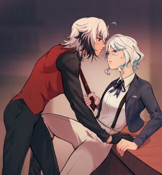 2girls absurdres ahoge arlecchino_(genshin_impact) black_eyes black_gloves black_jacket black_pants black_shirt black_streaks blue_eyes blue_hair closed_mouth clothes_grab collared_shirt colored_inner_hair commentary english_commentary furina_(genshin_impact) genshin_impact gloves highres jacket leaning_forward multicolored_hair multiple_girls neck_ribbon necktie necktie_grab neckwear_grab pants parted_lips purple_ribbon red_necktie red_pupils red_vest reese_(ordinaryreese) ribbon shirt vest white_hair white_pants white_shirt yuri