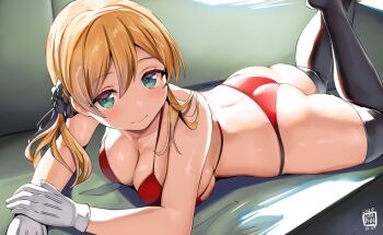 1girl 2025 aqua_eyes ass belko bikini black_thighhighs blonde_hair breasts cleavage closed_mouth female_focus gloves hair_between_eyes hair_ornament kantai_collection large_breasts lying on_stomach prinz_eugen_(kancolle) red_bikini smile solo swimsuit thighhighs white_gloves