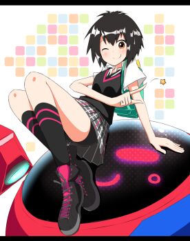 Rule 34 | 1girl, ;), bike shorts, black hair, black necktie, black shoes, black skirt, black socks, brown eyes, collared shirt, commentary request, highres, kneehighs, letterboxed, long sleeves, marvel, necktie, one eye closed, peni parker, pia (botamochinjufu), pleated skirt, robot, school uniform, shirt, shoes, short sleeves, skirt, smile, socks, sp//dr, spider-man: into the spider-verse, spider-man (series), spider-verse, star (symbol), white shirt