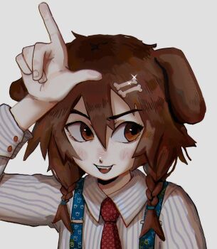1girl animal_ears bone_hair_ornament braid brown_eyes brown_hair collared_shirt dog_ears dog_girl eyelashes fffkorobka glint hair_between_eyes hair_ornament highres hololive inugami_korone loser_gesture necktie open_mouth red_necktie shirt simple_background solo suspenders upper_body virtual_youtuber