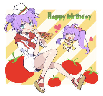 1girl :d ^_^ ahoge blue_eyes blush bow chibi chibi_inset closed_eyes commentary_request double_bun dress eating food food_on_face full_body garrison_cap hair_bow hair_bun happy_birthday hat heart highres holding holding_food holding_pizza jacket long_hair looking_at_viewer manaka_laala manaka_laala_(normal) neckerchief no_pants nojima_minami open_mouth pink_bow pizza pizza_slice platform_sandals pretty_series pripara protected_link purple_hair red_neckerchief sandals short_hair sitting smile striped_background tomato twintails white_hat white_jacket yellow_dress