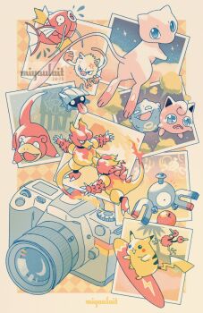 Rule 34 | :d, anger vein, apple, artist name, camera, commentary, doduo, fangs, fire, fish, flame-tipped tail, food, fruit, gen 1 pokemon, highres, jigglypuff, koffing, legendary pokemon, magikarp, magmar, magnemite, mankey, mew (pokemon), miyaulait, mythical pokemon, nintendo, no humans, open mouth, pikachu, pokemon, pokemon (creature), pokemon focus, shellder, slowpoke, smile, surfboard, symbol-only commentary, tail, tongue