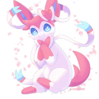 animal_focus artist_name blue_eyes closed_mouth commentary english_commentary gen_6_pokemon giyu_(giyuyuchan) highres looking_at_viewer nintendo no_humans petals pink_petals pokemon pokemon_(creature) pokemon_focus simple_background smile sylveon white_background