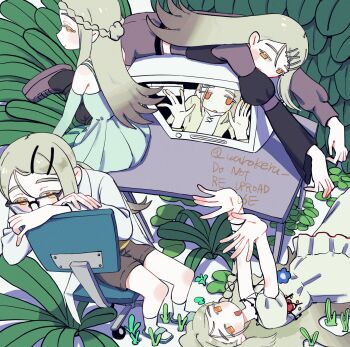 Rule 34 | 5girls, black shirt, black skirt, blonde hair, braid, brown shorts, chair, contrast (idolmaster), desk, dress, flipped hair, gakuen idolmaster, glasses, green dress, grey shirt, hair ornament, hairclip, hands up, highres, idolmaster, koukei (idolmaster), long hair, long sleeves, looking at viewer, looking back, lying, monitor, multiple girls, multiple persona, on back, on chair, on desk, on stomach, orange eyes, plant, profile, shinosawa hiro, shirt, shorts, sitting, skirt, smile, sunfaded (idolmaster), swivel chair, table, warokeru