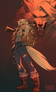 Rule 34 | animal collar, astrubalart, boots, breasts, cleavage, collar, cuffs, deadlock (game), gun, highres, jacket, jewelry, long hair, scar, scar on face, shotgun, silver (deadlock), weapon, white hair, wolf girl