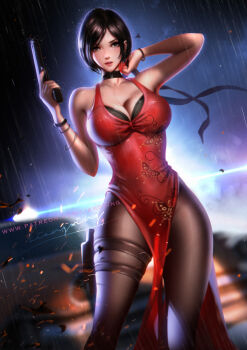 1girl ada_wong black_hair black_pantyhose black_ribbon blurry blurry_background breasts capcom car choker cleavage dress dutch_angle female_focus finger_on_trigger gun handgun highres holding holding_gun holding_weapon holster large_breasts liang_xing looking_at_viewer motor_vehicle night pantyhose parted_bangs parted_lips pelvic_curtain rain red_dress resident_evil resident_evil_2 resident_evil_2_(remake) resident_evil_4 ribbon short_hair skin_tight solo standing thigh_holster weapon