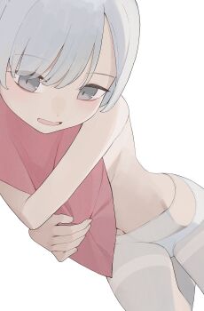 1girl breasts grey_eyes grey_hair highres hiroki_(yyqw7151) hugging_object looking_at_viewer original panties panties_under_pantyhose pantyhose pillow pillow_hug small_breasts solo topless_female underwear white_panties white_pantyhose