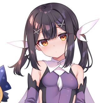 1girl black_hair child closed_mouth commentary_request fate/grand_order fate/kaleid_liner_prisma_illya fate_(series) hair_ornament hairclip leotard looking_at_viewer magical_girl magical_sapphire miyu_edelfelt miyu_edelfelt_(magical_girl) solo touchuu_kasou twintails x_hair_ornament