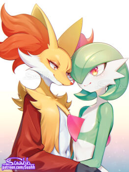 2girls animal_ear_fluff animal_ears animal_nose artist_name bob_cut body_fur chromatic_aberration closed_mouth collarbone colored_skin delphox eye_contact fang fang_out female_focus flat_chest fox_ears fox_girl furry furry_female furry_with_non-furry gardevoir gen_3_pokemon gen_6_pokemon gradient_background green_hair green_skin hair_over_one_eye half-closed_eyes happy highres hug interspecies looking_at_another multicolored_fur multicolored_skin multiple_girls navel nintendo one_eye_covered patreon_username pokemon pokemon_(creature) red_eyes red_fur shiny_skin short_hair signature simple_background smile snout standing stomach suahh two-tone_skin upper_body watermark web_address white_background white_fur white_skin yellow_fur yuri