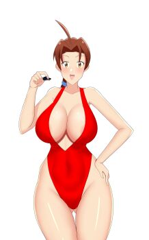 Rule 34 | 1girl, alternate breast size, bare legs, breasts, brown eyes, brown hair, cleavage, covered navel, curvy, delia ketchum, highleg, highleg one-piece swimsuit, highres, holding, holding whistle, large breasts, lifeguard, long hair, looking at viewer, low ponytail, mangakay84, nintendo, one-piece swimsuit, open mouth, pokemon, pokemon (anime), pokemon (classic anime), ponytail, red one-piece swimsuit, shiny skin, simple background, skindentation, smile, solo, standing, swimsuit, thighs, whistle, white background, wide hips