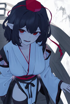 1girl black_hair black_sash black_thighhighs breasts bridge cleavage clothing_cutout commentary_request foreshortening from_above hair_between_eyes hat highres japanese_clothes kanpa_(campagne_9) kimono kourindou_tengu_costume large_breasts looking_at_viewer obi official_alternate_costume pelvic_curtain pointy_ears red_eyes red_hat sash shameimaru_aya short_hair shoulder_cutout solo tengu thighhighs tokin_hat touhou white_kimono wide_sleeves wooden_bridge