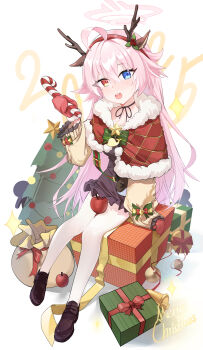 1girl absurdres ahoge alternate_costume antlers bell blue_archive blue_eyes box candy candy_cane capelet christmas christmas_ornaments christmas_tree food full_body fur-trimmed_capelet fur_trim gift gift_box gloves hair_between_eyes hairband halo heterochromia highres holding holding_food horns hoshino_(blue_archive) loafers long_hair long_sleeves looking_at_viewer merry_christmas open_mouth pantyhose pink_hair red_capelet red_eyes reindeer_antlers ribbon shoes simple_background sitting skirt solo sweater very_long_hair weeyi white_background white_pantyhose