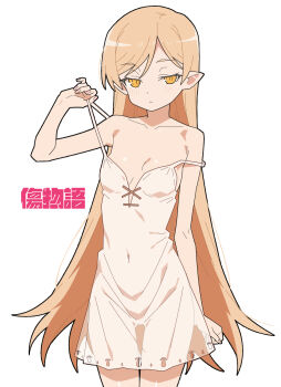 1girl bare_shoulders blonde_hair breasts covered_navel dress expressionless highres kiss-shot_acerola-orion_heart-under-blade kiss-shot_acerola-orion_heart-under-blade_(young) long_hair looking_at_viewer matuo3232 monogatari_(series) oshino_shinobu pointy_ears see-through_silhouette simple_background small_breasts solo strap_slip thigh_gap very_long_hair white_background white_dress yellow_eyes