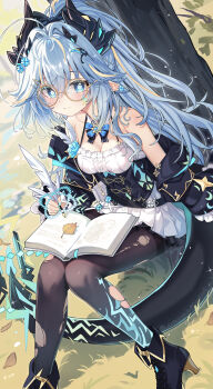 1girl absurdres ahoge bare_shoulders belt black_horns black_pantyhose blue_eyes blue_hair blue_nails blush book bookmark boots bow breasts buttons cleavage closed_mouth collarbone commentary commission detached_sleeves dragon_girl dragon_horns dragon_tail dutch_angle english_commentary flower frilled_shirt frills glasses gold_trim grass hair_between_eyes hair_bow hair_flower hair_intakes hair_ornament high_heel_boots high_heels highres holding holding_quill horns leaf legs light_particles light_smile lightning_bolt_symbol long_hair looking_at_viewer loose_belt medium_breasts miniskirt multicolored_hair nail_polish on_ground open_book original outdoors pantyhose pleated_skirt pu_ht quill round_eyewear shirt shirt_flower sidelocks sitting skirt sleeveless sleeveless_shirt solo sparkle streaked_hair symbol-shaped_pupils tail thighband_pantyhose thighs torn_clothes torn_pantyhose tree very_long_hair white_shirt white_skirt yellow-framed_eyewear